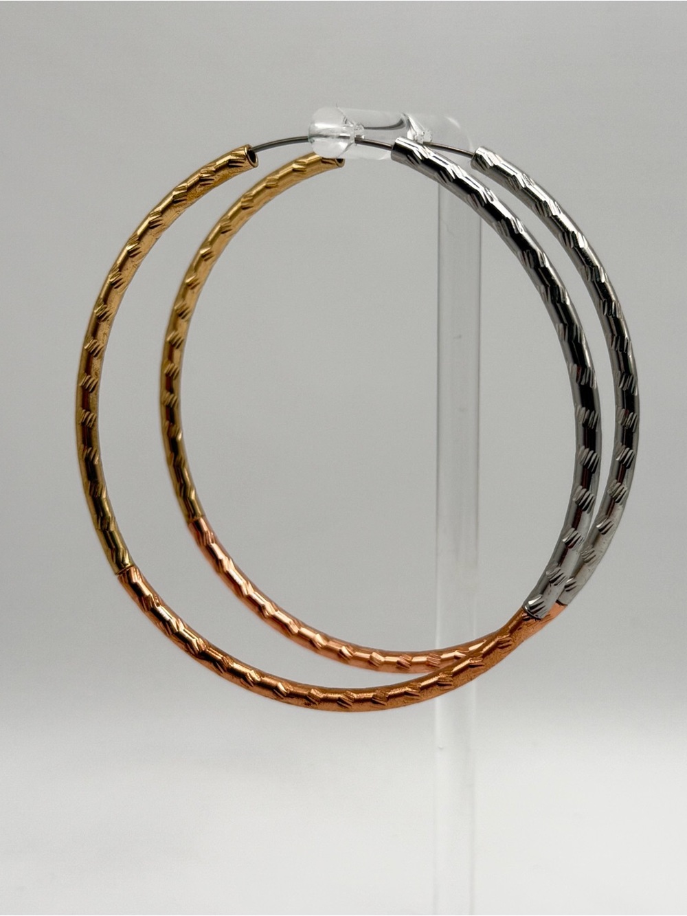 Tri-Tone Textured Hoop Earrings – Gold, Silver & Rose Gold